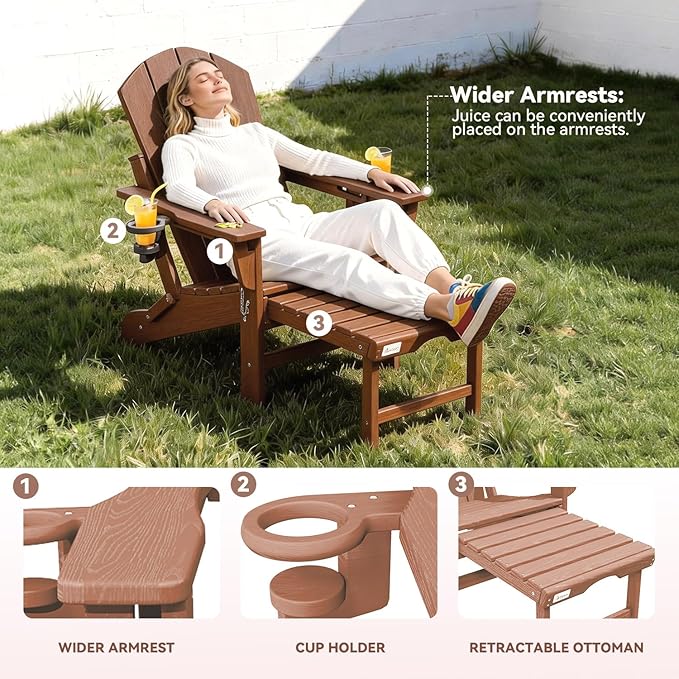 Mdeam Folding Adirondack Chair with 3-Level Adjustable Backrest, Weather-Resistant, 2 Cup Holders, Retractable Ottoman, Perfect for Patio, Garden, Backyard, Lawn, and Outdoor Use (Teak)