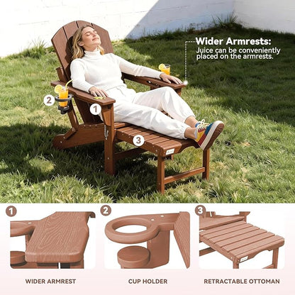 Mdeam Folding Adirondack Chair with 3-Level Adjustable Backrest, Weather-Resistant, 2 Cup Holders, Retractable Ottoman, Perfect for Patio, Garden, Backyard, Lawn, and Outdoor Use (Teak)