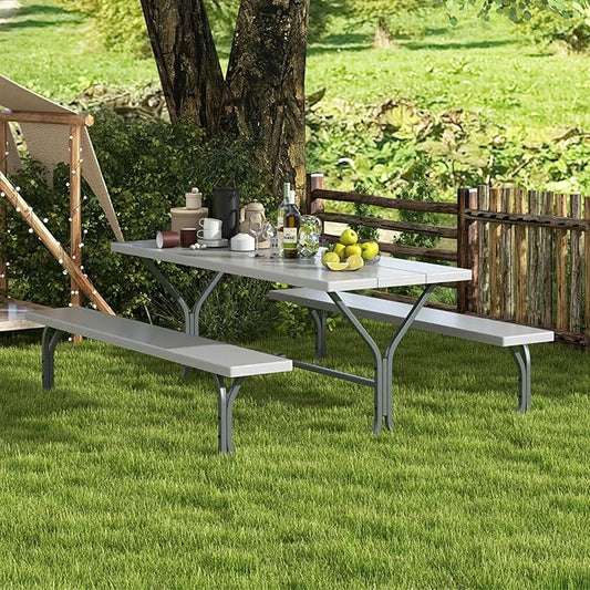 Giantex 6FT Picnic Table Bench Set Outdoor Camping All Weather Metal Base Wood-Like Texture Backyard Poolside Dining Party Garden Patio Lawn Deck Furniture Large Camping Picnic Tables for Adult, Grey