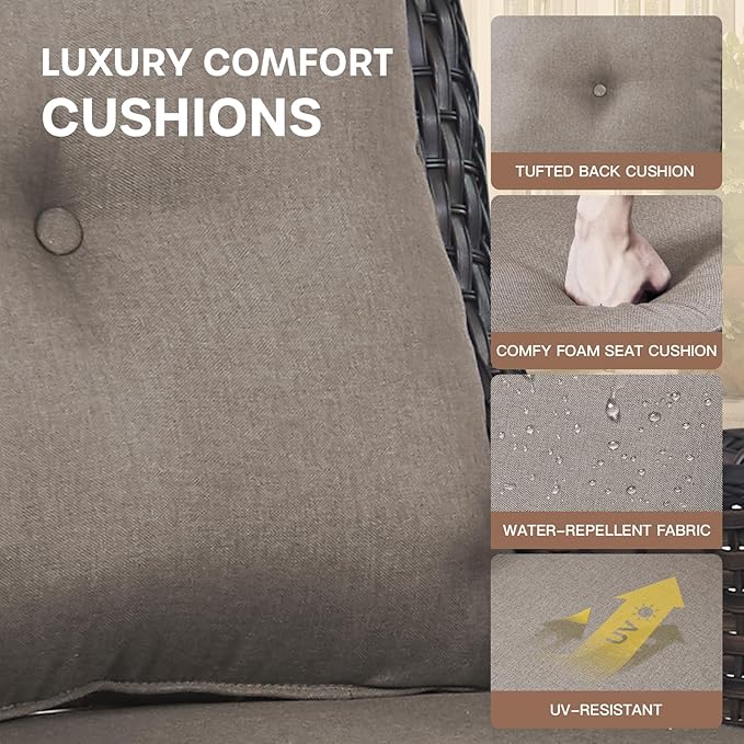 Patio Loveseat Glider Set, Resin Wicker Loveseat Glider with 4 Swivel Patio Chiars Rectangular Firepit Table, 7 Piece Patio Conversation Loveseat Set, Grey Wicker|Grey Cushions