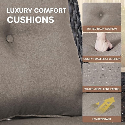 Patio Loveseat Glider Set, Resin Wicker Loveseat Glider with 4 Swivel Patio Chiars Coffee Table, 6 Piece Patio Conversation Set PE Rattan Loveseat Set, Grey Wicker|Grey Cushions