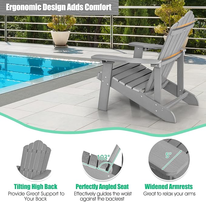 Giantex Outdoor Adirondack Chair - Oversized Patio Chairs w/Hidden Cup Holder, Realistic Wood Grain, 380 LBS Weight Capacity, Weather Resistant Firepit Chairs for Backyard, Garden (1, Light Grey)