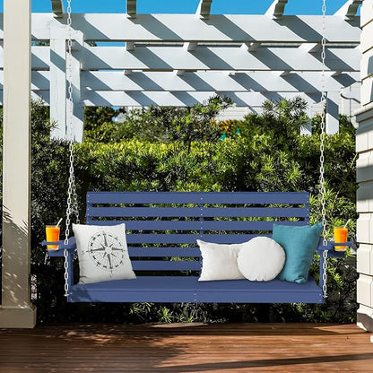 Plawdlik Porch Swings,2 Seat Patio Chair with Two Cup Holders,HDPE Waterproof Bench for Courtyard-Navy Blue