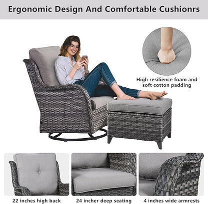 Belord Wicker Patio Furniture Sets - 8 Piece Rattan Outdoor Furniture Conversation Sets with 4 Swivel Rocker Chairs, Rattan Sofa, Wicker Ottomans and Coffee Table, Mixed Grey/Grey
