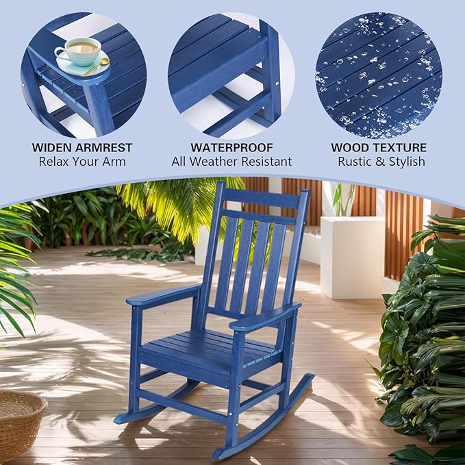 Outdoor Rocking Chair for Adults, High Back Patio Rocking Chair, HDPE All Weather Resistant Porch Rocker for Lawn, Porch, Backyard, Indoor and Garden (Navy Blue)