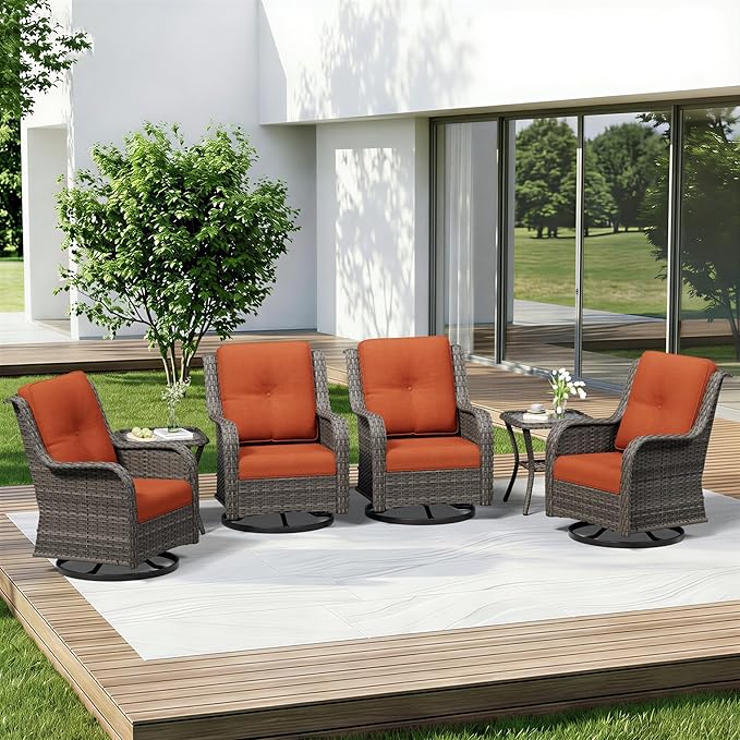 6 Piece Outdoor Wicker Patio Furniture Set, Outdoor Swivel Rocker Patio Chairs Set with Thickened Olefin Cushions - Photo 1