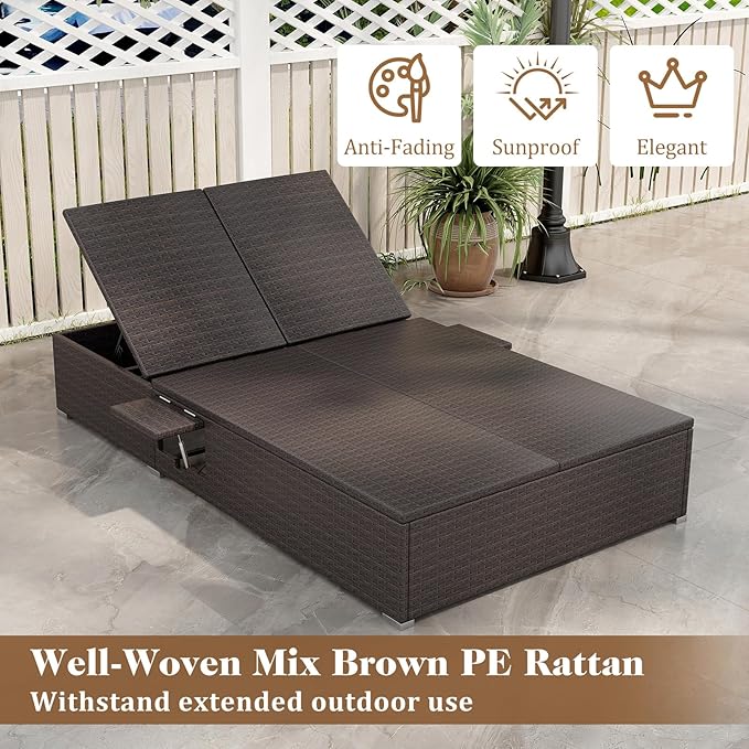 RELAX4LIFE Rattan Outdoor Patio Daybed - Wicker Double Chaise Lounge Chair w/6-Position Backrest, 2 Folding Side Trays - Photo 7