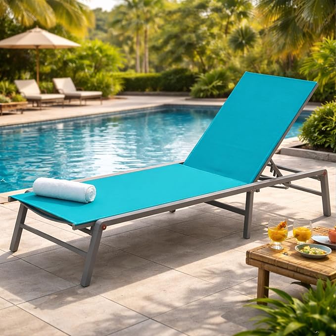 Kozyard Outdoor Foldable Lounge Chair, Aluminum Frame Patio Lounger with 5-Position Adjustable Backrest, Breathable Textilene Fabric, Assemble-Free, Reclining Full-Flat Poolside(Aqua)