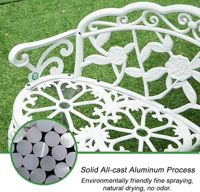 39" Outdoor Bench, Cast Aluminum Metal Garden Bench with Floral Rose Accent & Antique Finish(White)