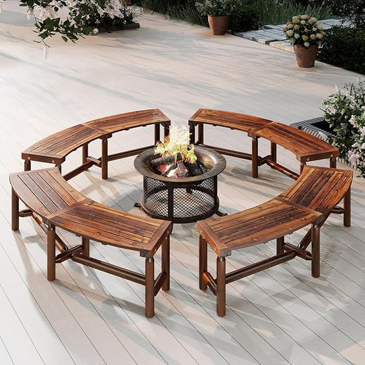 Tangkula Patio Curved Bench Set of 4, Solid Wood Fire Pit Bench for 2-3 People, Outdoor Backless Loveseat for Backyard, Garden, Poolside, 800 LBS Max Load (Rustic Brown)