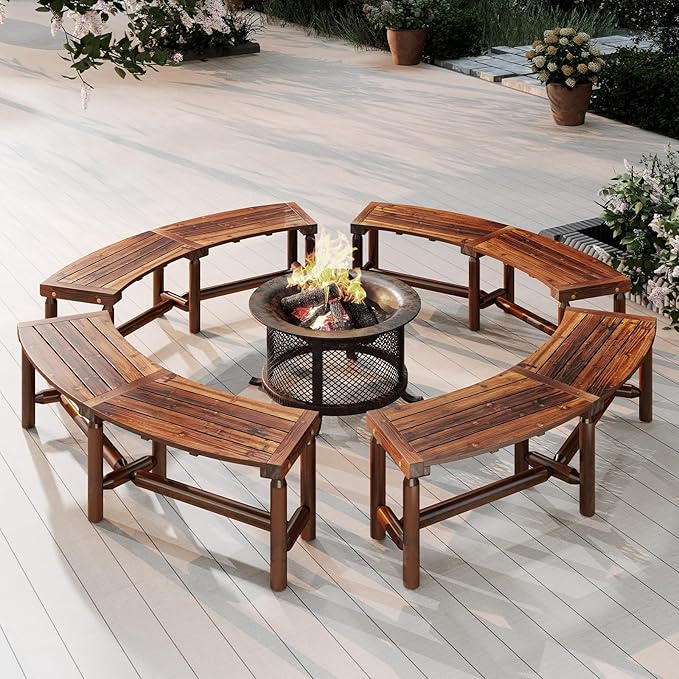 Tangkula Patio Curved Bench, Solid Wood Fire Pit Bench for 2-3 People, Outdoor Backless Loveseat for Backyard, Garden, Poolside, 800 LBS Max Load (1, Rustic Brown)