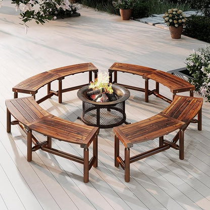 Tangkula Patio Curved Bench, Solid Wood Fire Pit Bench for 2-3 People, Outdoor Backless Loveseat for Backyard, Garden, Poolside, 800 LBS Max Load (1, Rustic Brown)