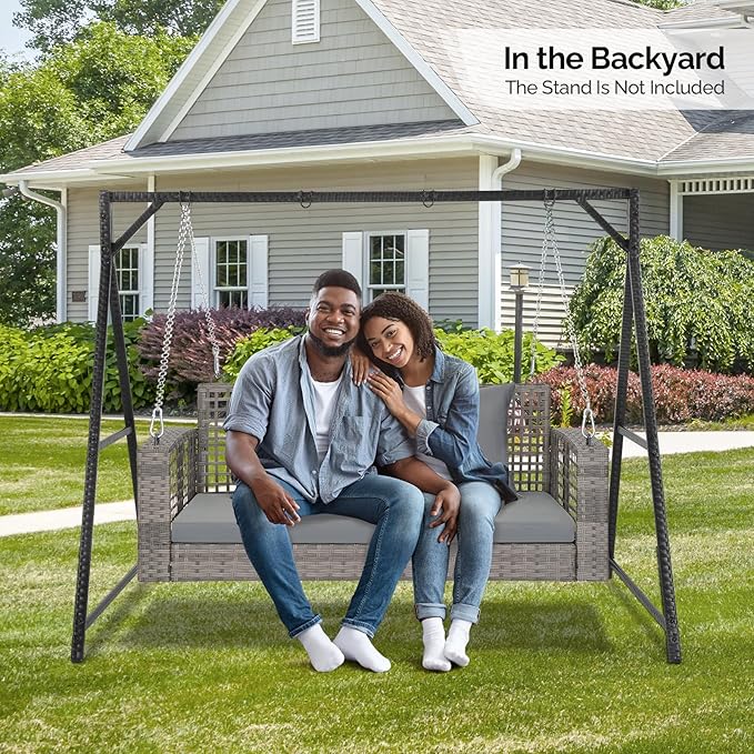4FT Wicker Porch Swing for 2 Person, 800lb Capacity Outdoor Hanging Bench with Removable Cushions - Photo 7