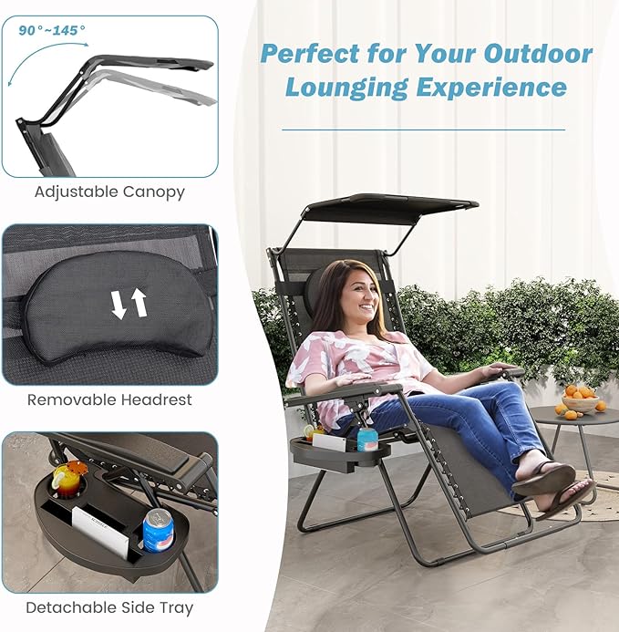 Goplus Zero Gravity Chairs, X-Large Folding Lounge Lawn Chair w/Canopy Shade & Cup Holder - Photo 6