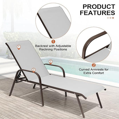 Crestlive Outdoor Chaise Lounge Chair,5-Position Pool Lounge Chairs with Armrests Sunbathing Recliner for Patio,Beach,Deck,Yard (2PC Gray)