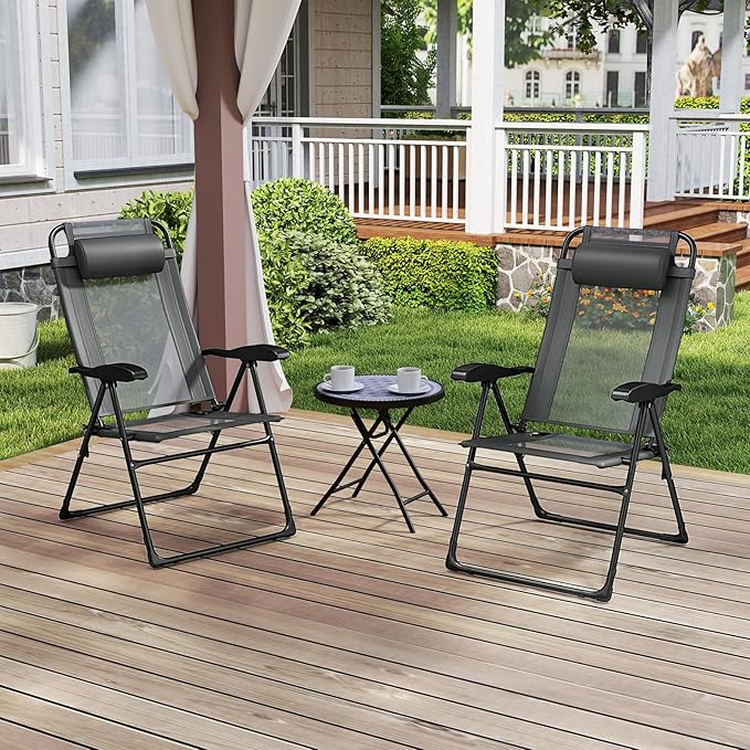 Giantex Set of 2 Patio Folding Chairs, Portable Outdoor Dining Chairs with 7-Level Adjustable Backrest, Headrest - Photo 2