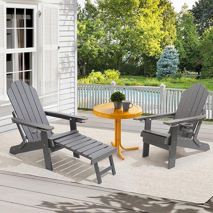 Ergonomic Adjustable Adirondack Chair with Ottoman Set of 2，Folding Adirondack Chair with 2 Cup Holder for Patio，Garden，Backyard，Fire Pit，Grey