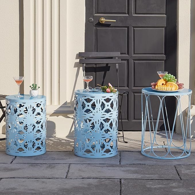 Y&M Set of 3 Heavy-Duty Round End Table, Side Table, Coffee Table for Indoor Multifunctional Use, Outdoor Decorative Garden Stool Plant Stand-Blue
