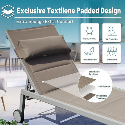 Domi Patio Chaise Lounge Set of 3, Outdoor Lounge Chair, Aluminum Textilene Padded 5 Position Pool Lounger, Stackable Lounge Chair w/Headrest, Wheels, Side Table, for Beach Backyard Lawn, Khaki