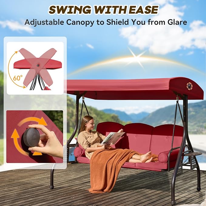3 in 1 Outdoor Porch Swing with Adjustable Canopy, 3 Seat Outdoor Swing for Adults - Photo 3