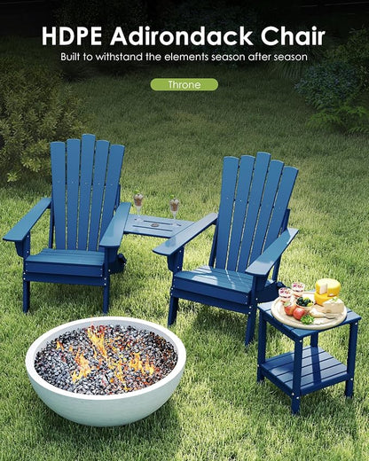 GREENVINES Folding-Adirondack-Chairs-Set-of-2 | HDPE Plastic | Throne Series | Fire Pit Chair | with Connecting Tray | Removable Table | All Weather | for Outdoor Patio Deck Poolside | Blue