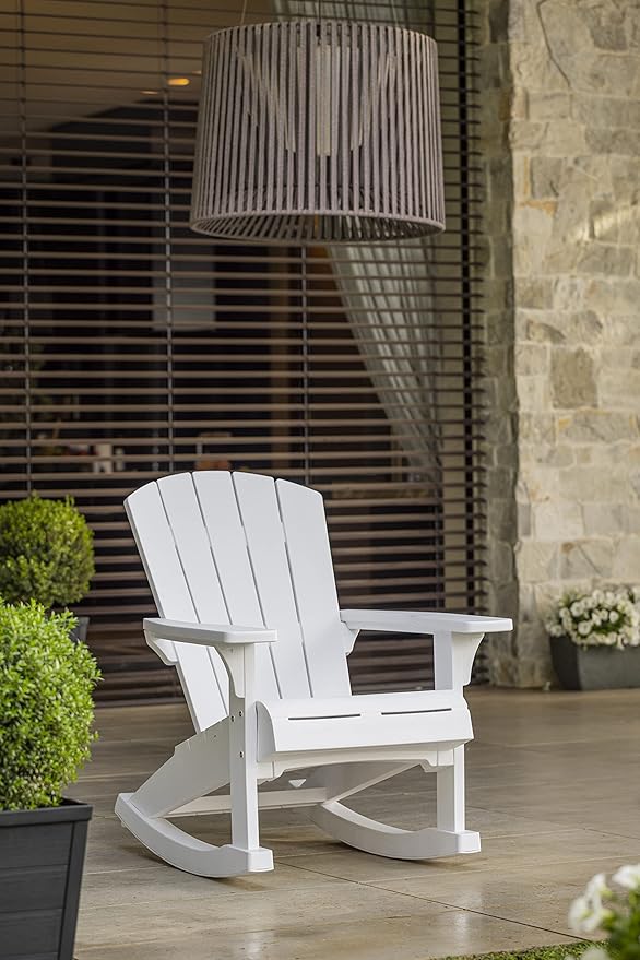 Keter Adirondack Rocker Resin Outdoor Furniture Patio Chair -Perfect for Porch, Pool, and Fire Pit Seating, White