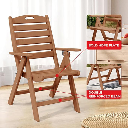 Costaelm Outdoor Adjustable Highback Folding Patio Dining Chair, HDPE Armrest Poly Lumber Restaurant Bistro Dining Chair for Outside Porch Backyard Garden, Teak