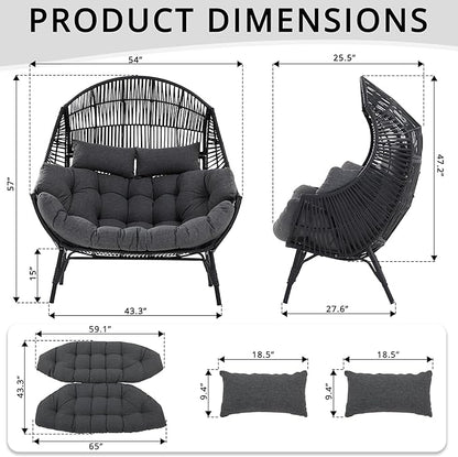 IRONCK Double Egg Chair Outdoor, 2 Person Wicker Lounge Chair, Oversized Thickened Padded Cushions and Headrests, 680 Lbs Egg Loveseat for Indoor, Patio, Living Room, Porch, Balcony, Dark Grey