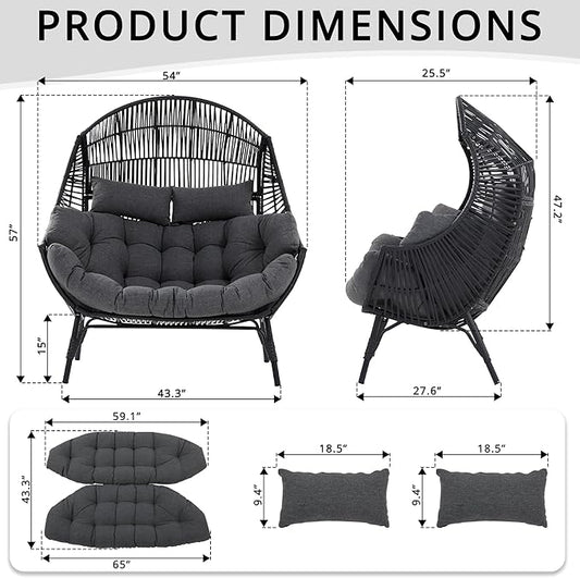 IRONCK Double Egg Chair Outdoor, 2 Person Wicker Lounge Chair, Oversized Thickened Padded Cushions and Headrests, 680 Lbs Egg Loveseat for Indoor, Patio, Living Room, Porch, Balcony, Dark Grey