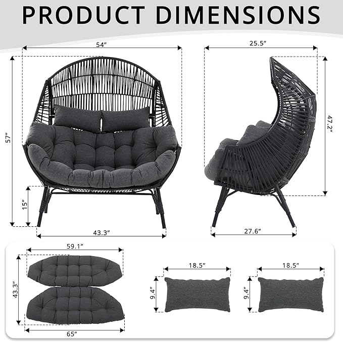 IRONCK Egg Chair Indoor Outdoor, 2 Person Double Egg Loveseat Chair, Oversized Thickened Padded Headrests and Cushions, 680 lbs Wicker Lounge for Balcony, Patio, Garden, Black and Gray