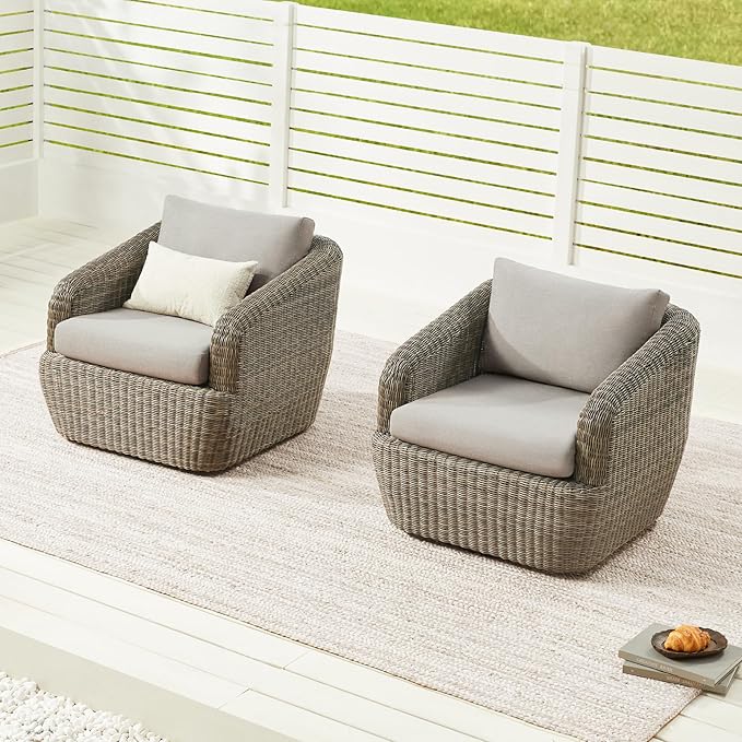 CHITA 2 Pieces Patio Wicker 360° Swivel Chairs with Removable Cushion, Backyard Rattan Chair for Sunrooms, Patios, Decks, Fully Assembled(Gray Cushions with Brownish Gray Wicker)