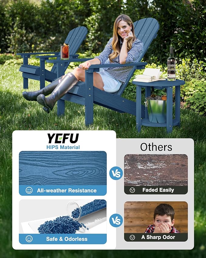 YEFU 3-Piece Adirondack Chair and Table Set: Outdoor Lounge Furniture Set - Outdoor Chair Plastic Weather Resistant with Wide Armrests for Patio Lawn Pool Porch Garden(Navy
