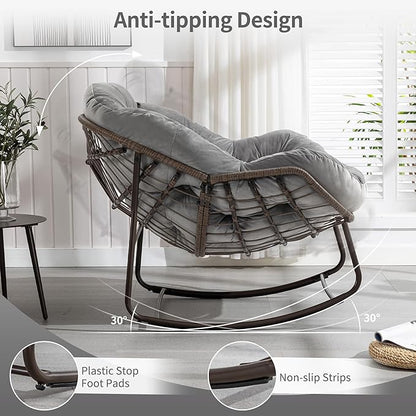 HOMEFUN Outdoor Patio Rocking Chairs, Oversized Papasan Rock Chair Indoor with Velvet Padded Cushion - Rocker Egg for Front Porch, Garden, Backyard Light Gray