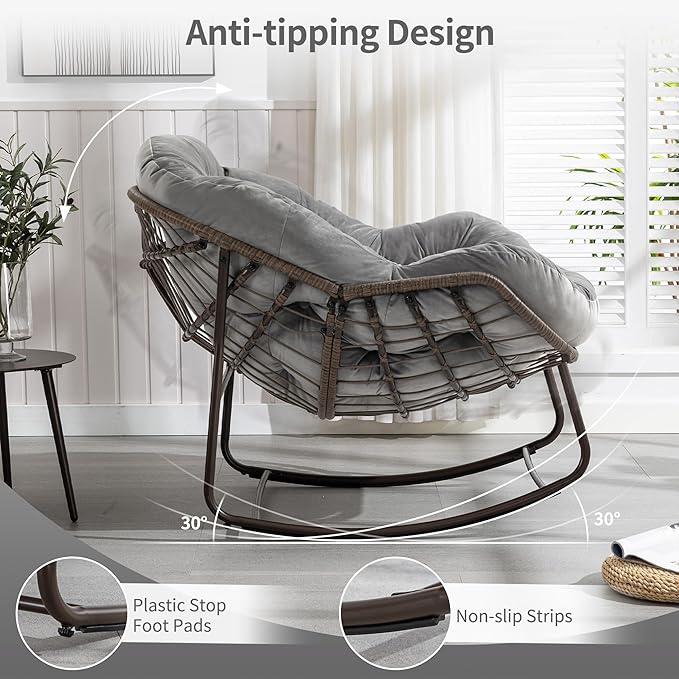 HOMEFUN Outdoor Patio Rocking Chairs Set of 2, Oversized Papasan Rock Chair Indoor with Velvet Padded Cushion - Rocker Egg Seat for Front Porch, Garden, Backyard Light Gray