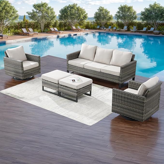 Rilyson Wicker Outdoor Patio Furniture Set - 5 Piece Patio Conversation Set with 2 Swivel Rocker Chairs - Photo 7