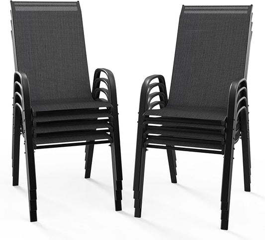 VINGLI Patio Chairs Set of 8 – Stackable Outdoor Dining Chairs with Comfortable Sling High Back Chairs and Armrests for Lawn, Poolside, Courtyard, Balcony, Garden, Black