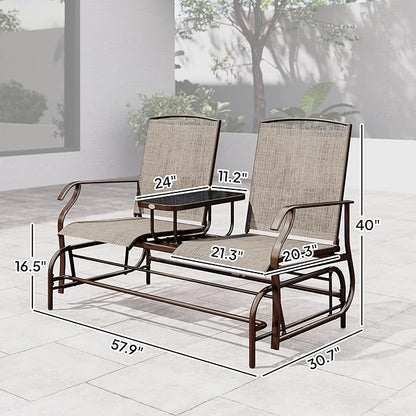 Outsunny Outdoor Glider Bench with Center Table, Metal Frame Patio Loveseat with Breathable Mesh Fabric and Armrests for Backyard Garden Porch, Brown