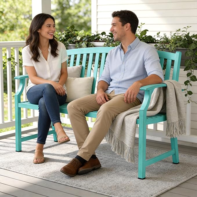 Grand patio 52" Farmhouse Outdoor Bench, Garden Benches with Anti-Rust Aluminum Powder Coated Frame, Faux Wood Grain Finish Frame Patio Bench for Front Porch, Turquoise Blue