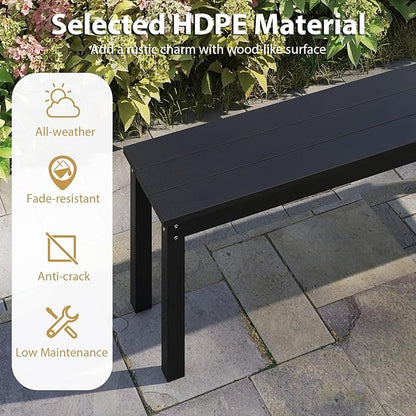 Giantex 55" HDPE Outdoor Bench, 2-3 People Weatherproof Backless Patio Garden Bench with 750 Lbs Capacity, Fade Resistant Outside Seating Furniture, Loveseat for Porch, Yard, Park (2,Black)
