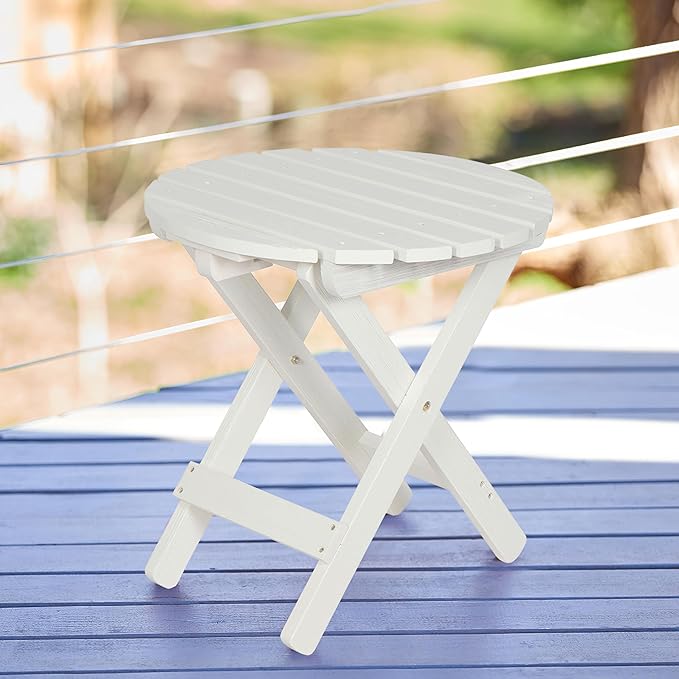 Shine Company Round Wooden Folding Solid Wood Side Table, Outdoor Adirondack Small Patio Table, Eggshell White