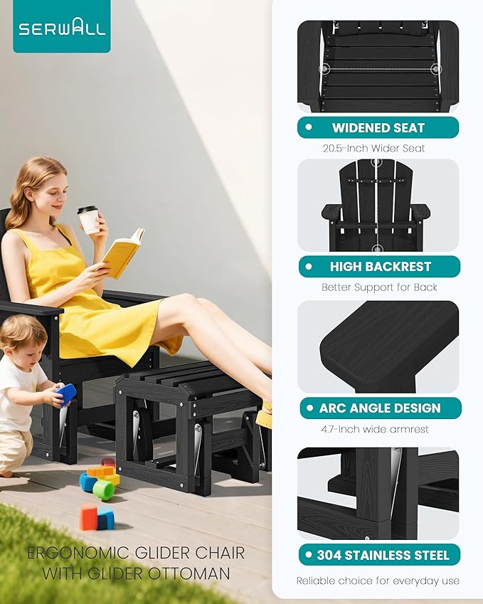 SERWALL Outdoor Glider Chair Set of 4 with Ottoman, HDPE Wood-Like Patio Glider Set All-Weather Porch Glider for Outside - Photo 5