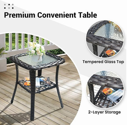 ovios Outdoor Side Table with Tempered Glass Top, Patio Wicker Rattan Bistro Coffee Tables with 2 Tiers Storage for Porch Deck Balcony Garden Poolside, Brown