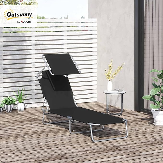 Outsunny Outdoor Lounge Chair, Adjustable Folding Chaise Lounge, Tanning Chair with Sun Shade for Beach, Camping, Hiking, Backyard, Black