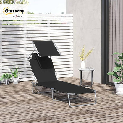 Outsunny Outdoor Lounge Chair, Adjustable Folding Chaise Lounge, Tanning Chair with Sun Shade for Beach, Camping, Hiking, Backyard, Black