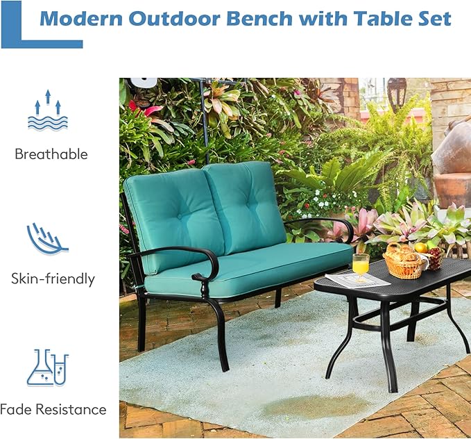 RELAX4LIFE Patio Loveseat with Coffee Table - 2-Piece Patio Conversation Sofa Set w/Backrest & Cushions, Modern Outdoor Glider Bench for Garden, Backyard, Poolside, Metal Porch Furniture (Turquoise)