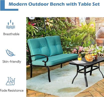 RELAX4LIFE Patio Loveseat with Coffee Table - 2-Piece Patio Conversation Sofa Set w/Backrest & Cushions, Modern Outdoor Glider Bench for Garden, Backyard, Poolside, Metal Porch Furniture (Turquoise)