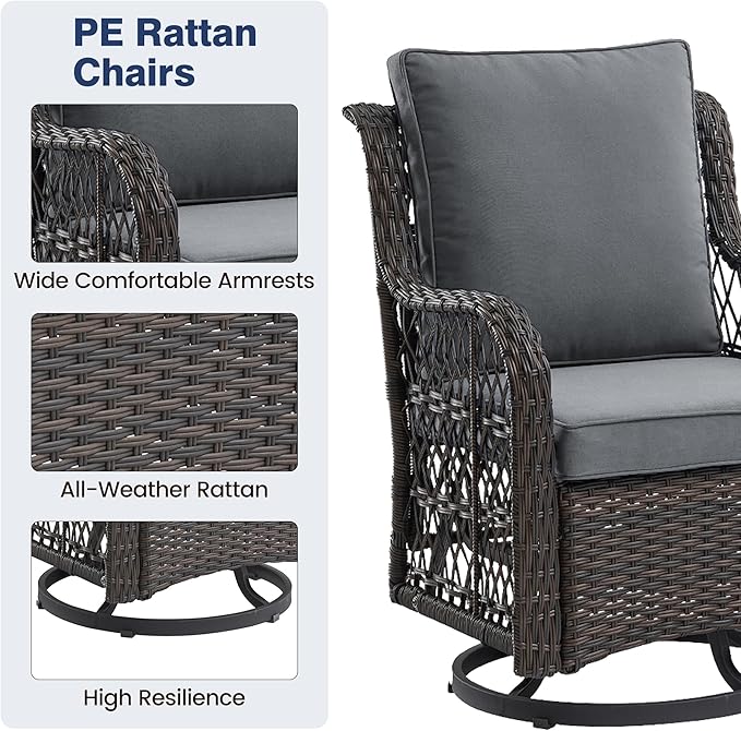 GAOMON 3 Piece Outdoor Patio Set, Wicker Rocking Bistro Set with 2 Swivel Chairs & Tempered Glass Top Table - Photo 7