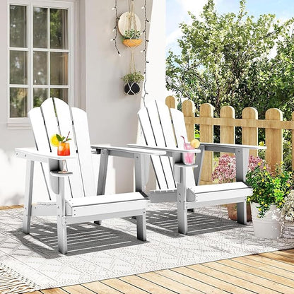 PROHIKER Adirondack Chair Set of 2, HDPE Outdoor Patio Chair with Cup Holder All Weather Outdoor Chairs for Lawn Garden Porch Backyard, Plastic, White