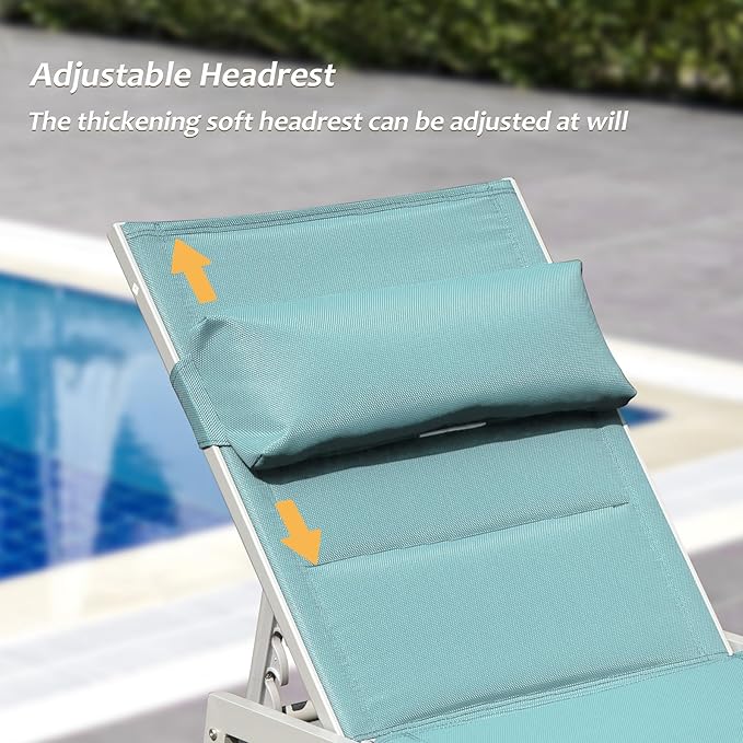 Domi Patio Chaise Lounge Set of 2 with Side Table, Adjustable Full Aluminum Pool Lounge Chairs with Wheels - Photo 3