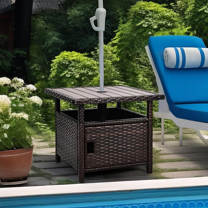 Umbrella Table with 2 Weight Bags Outdoor Patio Umbrella Side Table with Umbrella Hole Small Brown Wicker End Table for Outside Storage Coffee Table with Poly Lumber Top for Pool Garden Balcony Deck
